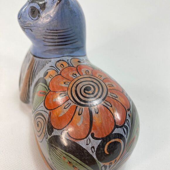 Mexican Folk Art Cat Earthen Ware Clay Figurine Hand Painted Blue Floral 5x4" - Picture 9 of 9